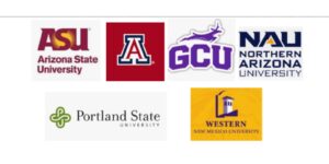 College logos: ASU, UA, GCU, NAU, Portland State, Western New Mexico